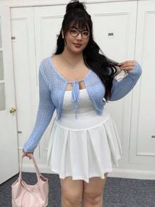 CovetEZ Plus Size Solid Color Tie-Up Knitted Cardigan, Spring/Summer In Fall/Winter - Baby Blue - View 6