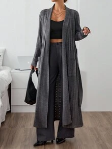 EURMUSE Women Cardigan With Rib Knit Grey Long With Belt,Cardigans,Petite,Tall - Grey - View 3