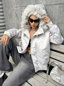 SHEIN ICON Áo khoác lông cừu chắp vá bằng vải satin phong cách cổ điển dành cho nữ, Thu/Đông - Màu Xám nhạt - Xem 4