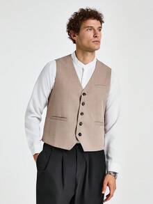 Calvornis Men's Single-Breasted Business Casual Vest (Shirt And Tie Not Included) Dress Outfits For Men Dress Shirt With Vest For Men Classy Outfits For Men Men Dress Outfit Mens Fashion Clothes - Khaki - View 4