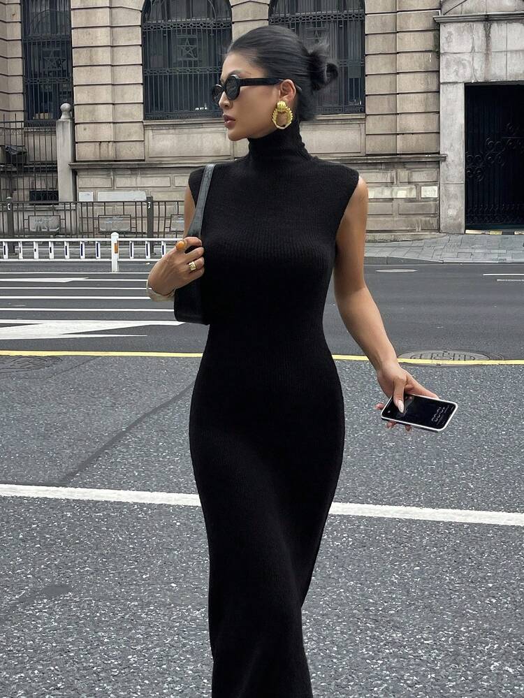 Women's Solid Color Fitted Waist High Neck Short Sleeve Elegant Maxi Sweater Dress, Autumn/Winter