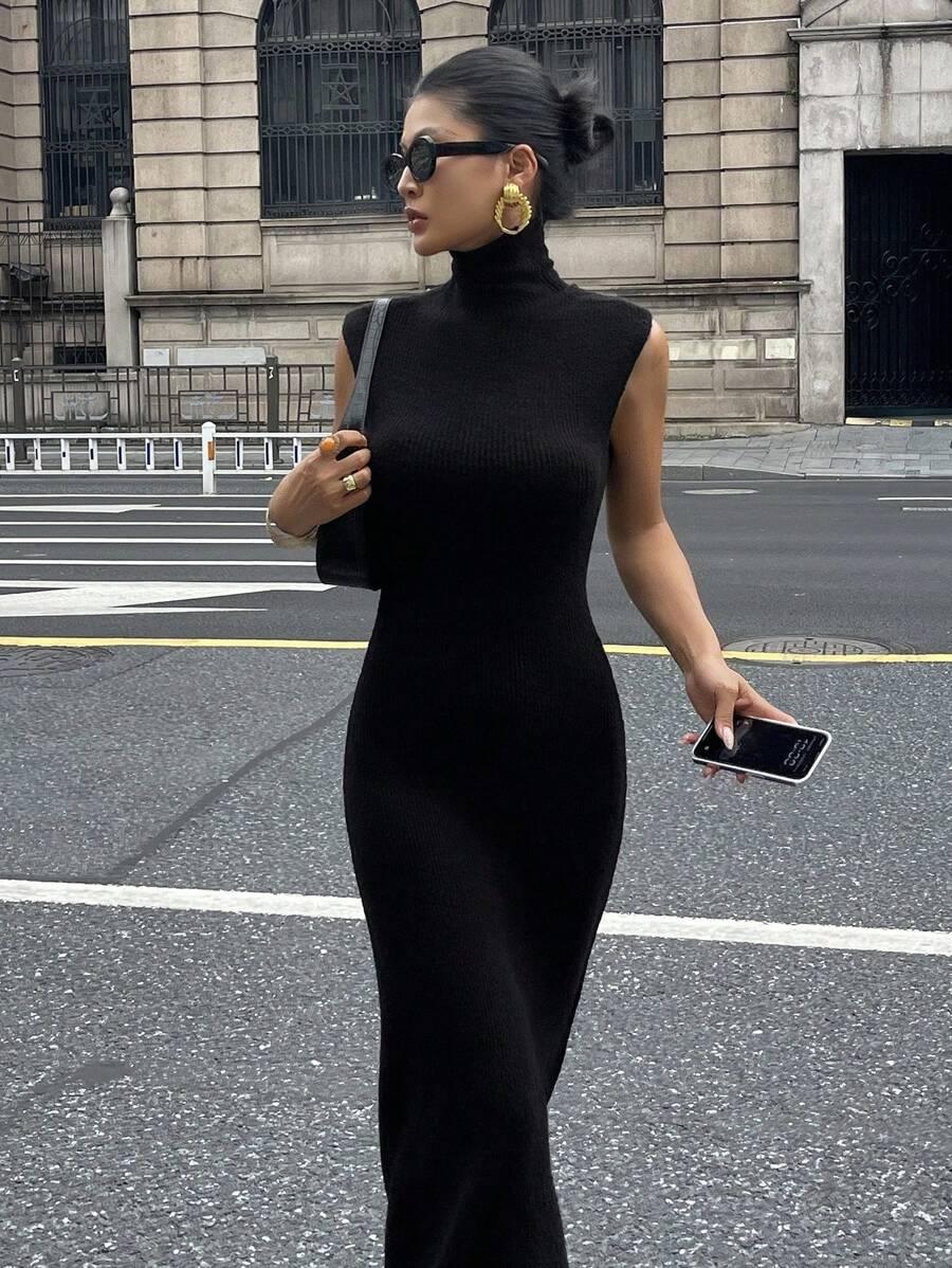 DAZY 女式纯色修身腰高领短袖优雅长款毛衣裙，秋冬 - 黑色 - 查看 1