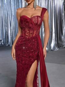 Glamrae 优雅奢华刺绣亮片蕾丝拼布缎面性感大腿高开衩美人鱼裙，带侧褶饰边，适合婚礼、派对、舞会、宴会（重度装饰） - 酒紅色 - 查看 1
