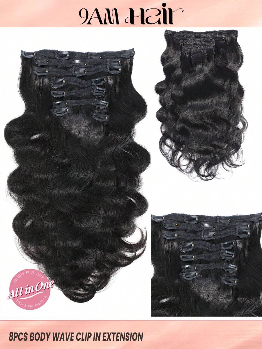 8pcs Clip-In Hair Body Wave 1B Natural Black Color 120%-150% Density Silky Natural Black Color Human Hair Extension For Daily Use Wear To Go For Women Clip Ins Hair Extensions - Natural Black - View 1