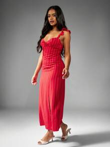 MISSGUIDED Vestido midi de lino con volantes en los hombros, escote de corazón, abertura lateral, a rayas, para verano, primavera, vacaciones, resort, uso nocturno y fiestas