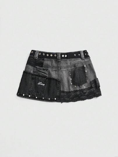 EDITION Y2K Romantic Punk Babe Eye Slogan Print Rivet Decor Vintage Washed Patchwork Lace Contrast Color Super Low Waist Heavy Wash Denim Mini Skirt