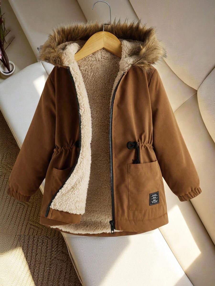 SHEIN Tween Girls' Casual Loose Warm Thermal Lined Hooded Mid-Length Parka Coat,In Fall/Winter