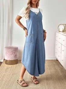 EMERY ROSE Women's Summer Casual Dual Pocket Arc Hem Strap Denim Dresswestern Wear Women/Old Money Style/Bohemian - Blue - View 4