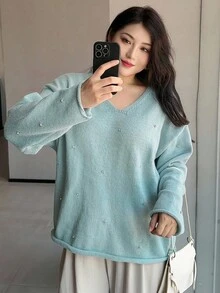 Dazy Plus 水钻装饰纯色宽松 V 领套头毛衣，大码女式休闲春秋季 - 淺藍色 - 查看 7