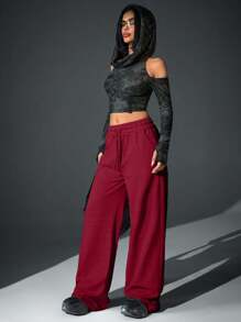 CasuGlow Femmes, Printemps, Automne, Hiver, Pantalons de survêtement, Bord brut, Poche, Cordon de serrage, Coupe ample, Jambe large, Broderie, Pantalons, Pantalons petite taille, Vêtements pour femmes petite taille, Automne, Pantalons noirs, Petite taille