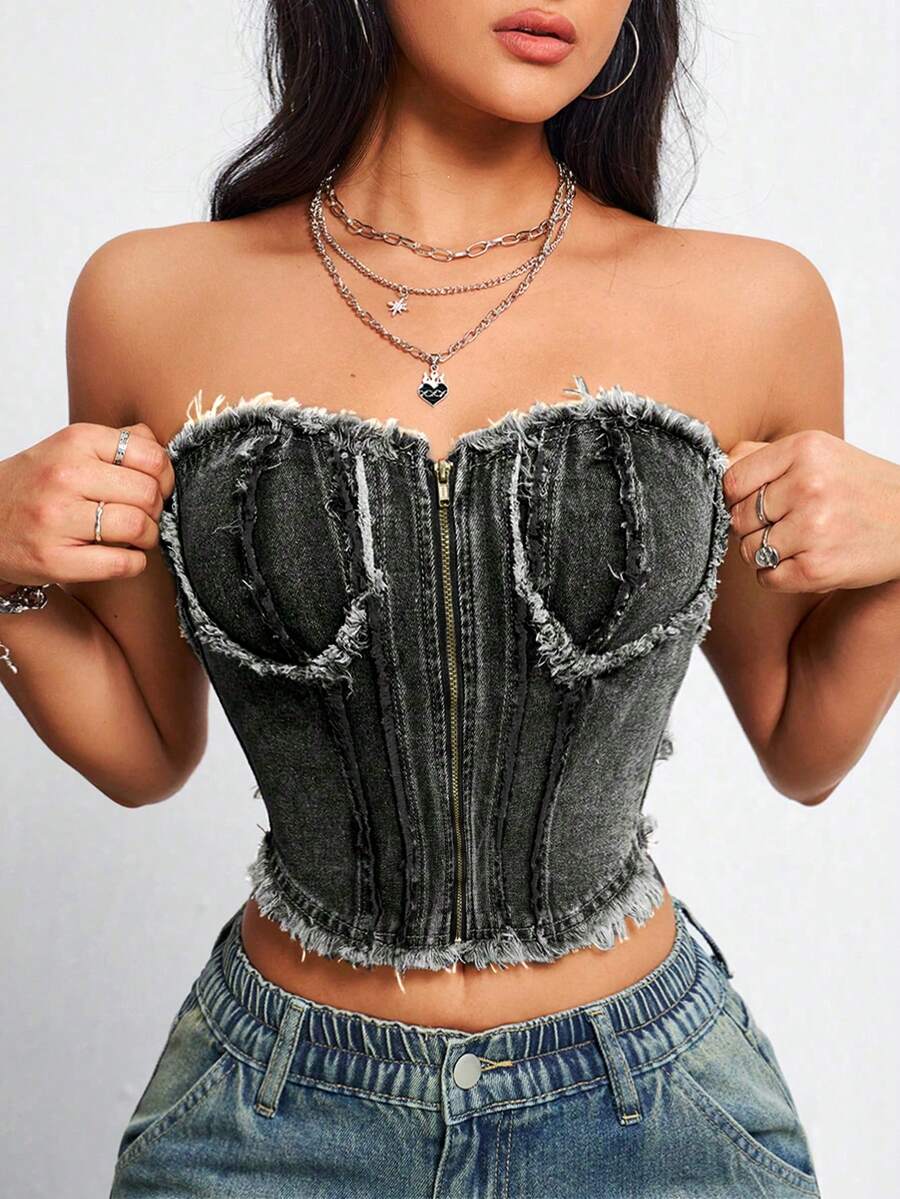 SHEIN EZwear Women's Patchwork Frayed Zipper Design Cropped Denim Top - Grey - View 1