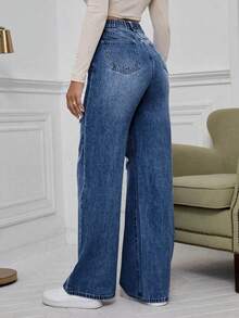 Quần jeans ống đứng ống đứng dáng rộng, giặt sờn rách cỡ lớn cho nữ, trang phục cao bồi màu xanh nhạt - Rửa tối - Xem 3