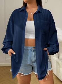 SHEIN EZwear 大尺碼女款休閒百搭海軍藍襯衫，秋季 - 藏蓝色 - 查看 5