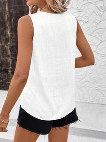 SHEIN Clasi 夏季优雅女士纯色无袖 V 领亚麻面料褶皱衬衫，适合各种场合穿着 - 白色 - 查看 2