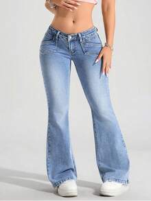 SHEIN PETITE Women's Pocket Flared Casual Versatile Denim Jeans