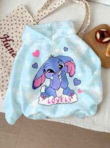 SHEIN Young Girl Cute Cartoon Blue Rabbit Stitch Pattern, Fresh Sky Blue Tie-Dye, Casual Loose Fit Round Neck Comfortable Daily Wear Long Sleeve Sweatshirt, Suitable For Autumn/Winter, Easy Comfort, Autumn Layers For, Stylish, Casual Wear, Graphic, Back To School, Fall, Homecoming - Multicolor - View 3