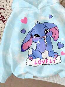 SHEIN Young Girl Cute Cartoon Blue Rabbit Stitch Pattern, Fresh Sky Blue Tie-Dye, Casual Loose Fit Round Neck Comfortable Daily Wear Long Sleeve Sweatshirt, Suitable For Autumn/Winter, Easy Comfort, Autumn Layers For, Stylish, Casual Wear, Graphic, Back To School, Fall, Homecoming - Multicolor - View 4