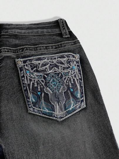 Hippie Women's Cowgirl Embroidered Hippie Style Denim Jeans