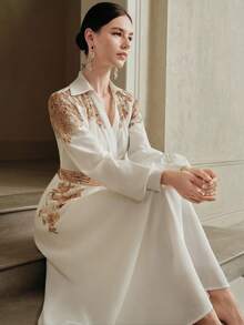 Anewsta 女士串珠衬衫裙，优雅高端奢华感，流行款式 - 白色 - 查看 5