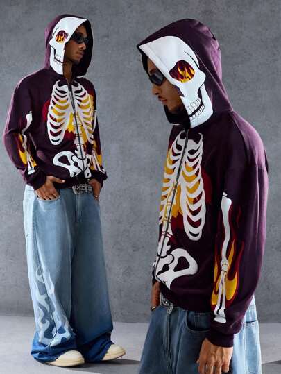 Goth Felpa con cappuccio con chiusura lampo e stampa scheletro da uomo, casual e adatta per Ognissanti