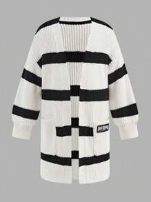 SHEIN Young Girl Casual Colorblock Striped Cardigan, Autumn/Winter Fall - Black and White - View 3
