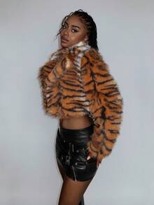 Amplova Women's Tiger Print Long Sleeve Loose Faux Fur Jacket, Autumn/Winter Cheetah Print,Fall - Multicolor - View 3