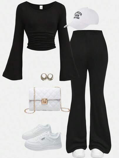 Girlism 2pcs/Set Tween Girls Casual Cartoon Portrait Loose Short Sleeve T-Shirt And Flare Pants Set, Back To School Fall Winter