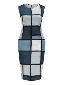 Plus Size Casual Colorblock Print Top & Dress Set Fall Cloth For Women - Multicolor - View 8