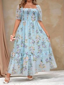 Roveilla Plus Size Romantic Chiffon Printed Puff Sleeve Dress Maxi Women Outfit - Blue - View 4