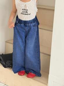 SHEIN 少女可爱蝴蝶结装饰牛仔休闲阔腿裤，春夏休闲度假乡村波西米亚风穿搭，海滩风、西部街头风，春假、锐舞音乐节牛仔裤，少女度假必备，蝴蝶结牛仔裤，秋冬阔腿牛仔裤 - 深色水洗藍 - 查看 2