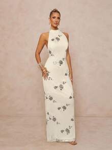 Lumalex 女式亮片刺绣立领腰部修身露背系带开衩连衣裙 - 杏色 - 查看 5