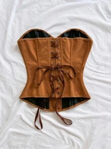 Soleia 女士复古宫廷风格彩色花卉提花印花抹胸短款上衣，配有纽扣和后系带 - 棕色 - 查看 2
