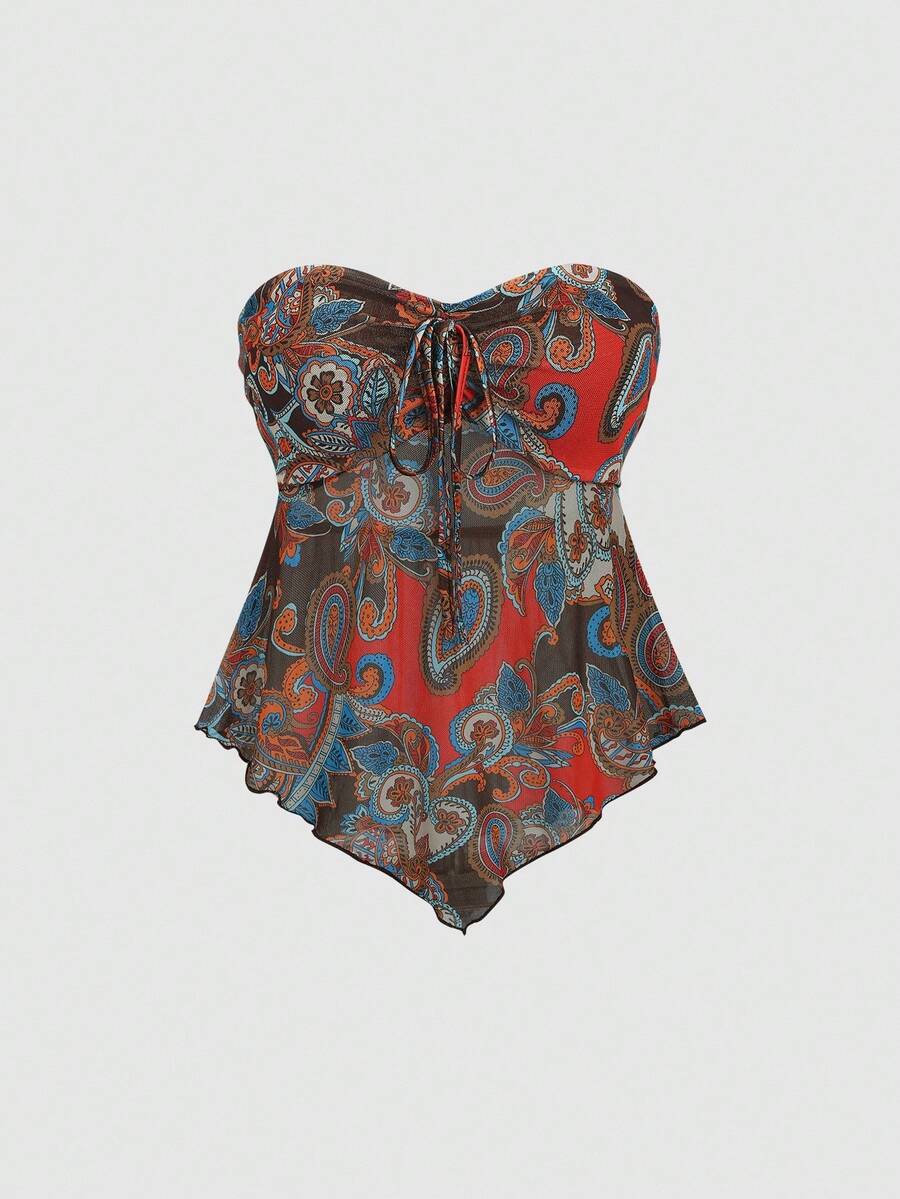 Sweetra Vintage French Milleraie Printed Ruched Waist Mesh Summer Blouse, Unique Design Chic Sexy Top For Women - Multicolor - View 1