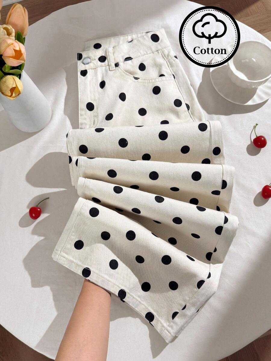 Comfortcana Women's Polka Dot Casual Versatile Wide Leg Button Pocket Jeans - Black and White - View 1