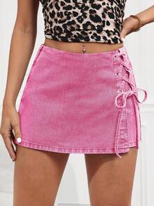 SHEIN Tall 女士时尚休闲牛仔短裙，侧孔系带设计 - 粉色 - 查看 3