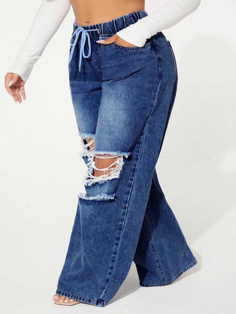 SHEIN SXY Große Größen Lässig Verwaschen Destroyed Weite Bein Jeans
