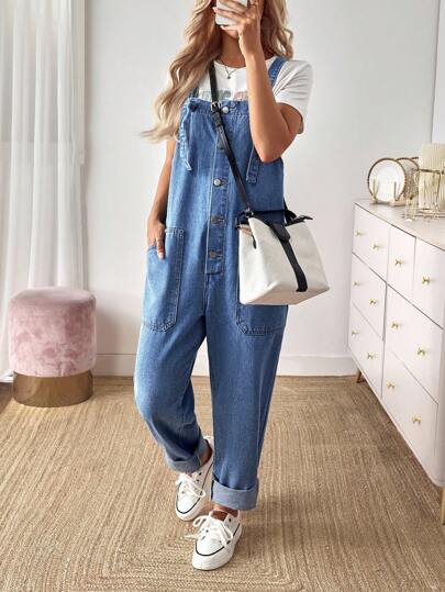 EMERY ROSE Pantalon salopette en jean décontracté d'été pour femmes avec boutons, demi-patte et grandes poches