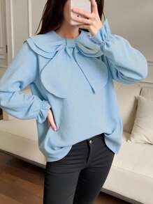 Tween Girl's Plain Peter Pan Collar Loose Cute Blouse, Long Sleeve,Holiday,Summer,Travel - Blue - View 11