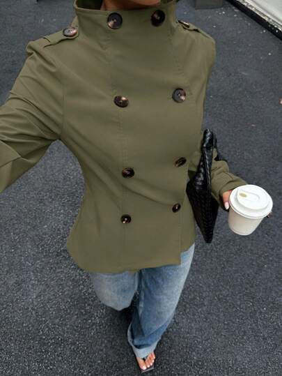 Muchica Women's Woven Solid Color Long Sleeve Double-Breasted Casual Trench Coat, Autumn,Fall