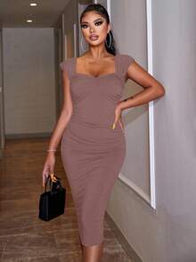 EURMUSE Women's Solid Color Sweetheart Neck Ruffle Sleeve Fitted Elegant Dress - Rusty Rose - View 4