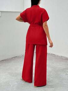 EURMUSE Casual Solid Color Shirt & Pants Set - Red - View 2