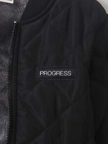 SHEIN Genkimix Kids 1 件年轻男孩休闲百搭黑色绗缝灰色羊毛菱形图案面料夹克，字母图案装饰，罗纹衣领、下摆和袖口，简约时尚个性化，适合 4-7 岁男孩日常秋冬休闲装返校 - 黑色 - 查看 5