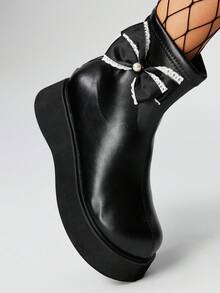 ROMWE Grunge Punk 2.0in Heel Lace Bow Round Toe Zipper Back Punk Style Leather Platform Ankle Boots, Casual Thick Sole Ankle Boots For Women - Black - View 6