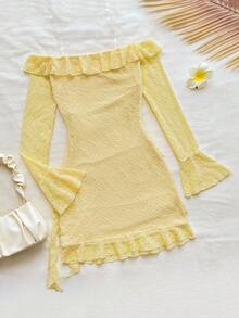 少女奶油色蕾丝露肩喇叭袖迷你连衣裙，适合派对、约会、情人节、复活节、狂欢节、下午茶、海滩、游轮、城市假日、秋冬分层穿着 - 黃色 - 查看 2