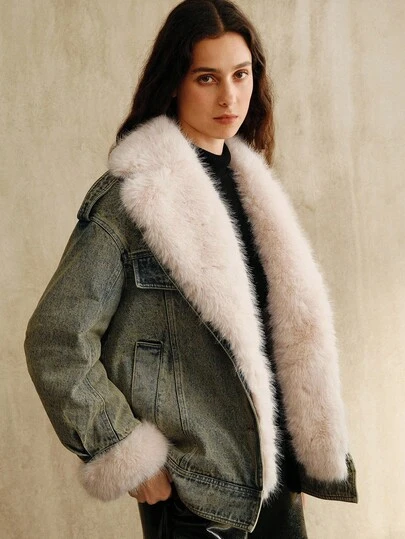 Anewsta Women's Autumn/Winter Long Sleeve Patchwork Fluffy Casual Denim Jacket