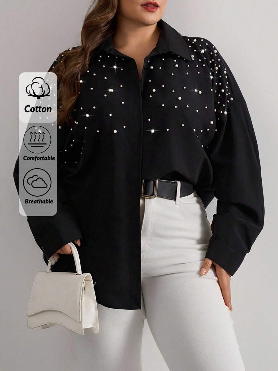 RueChic Cottnline Pearls Beaded Drop Shoulder Shirt - Black - View 1