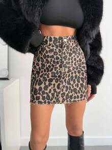 SHEIN Tall Women's Leopard Print High Waist Mini Skirt Leopard Skirt Two Piece Skirt Set Cheetah Print Skirt 2 Piece Outfit Women - Dark Wash - View 2