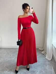 Rafferiza 优雅红色斜领针织长袖连衣裙，搭配红色褶皱长裙和黑色精致腰带，简约纯色女式长裙，秋冬 - 紅色 - 查看 8