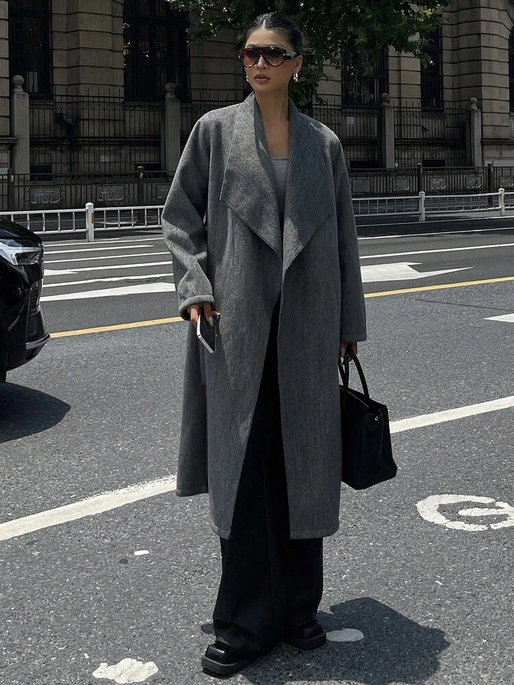 Loose Fit Versatile Mid-Length Lapel Robe Style Women Overcoat