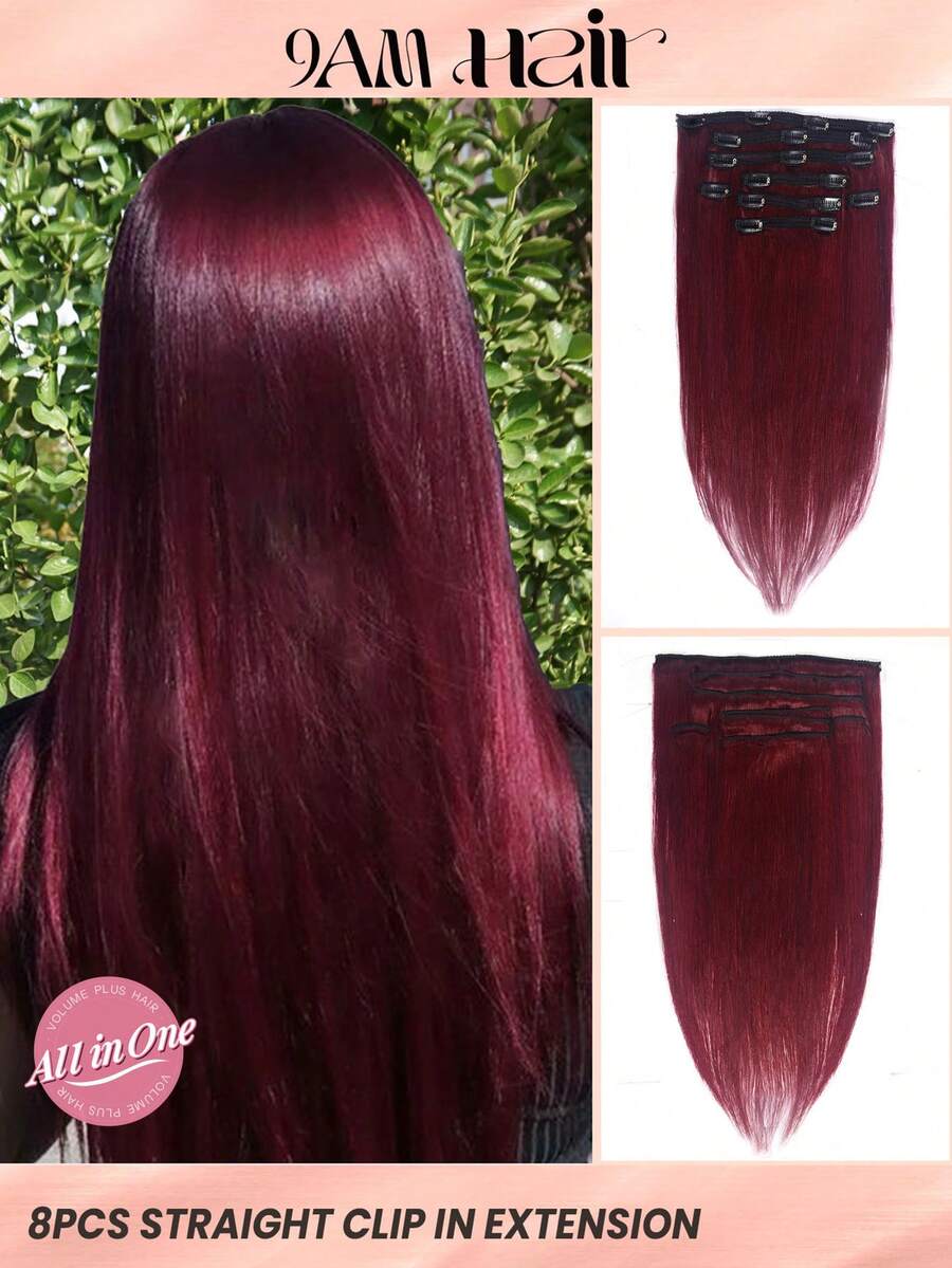 8pcs Clip-In Hair Straight 99J 150% Density Silky Burgundy Color Human Hair Extension For Daily Use For Women Clip Ins Hair Extensions Halloween Costumes - S99JC - View 1